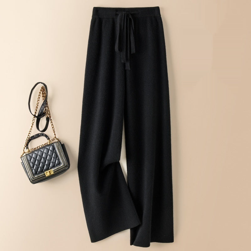 Thick Wool Wide Leg High Waist Drooping Mop Pants - Black / S