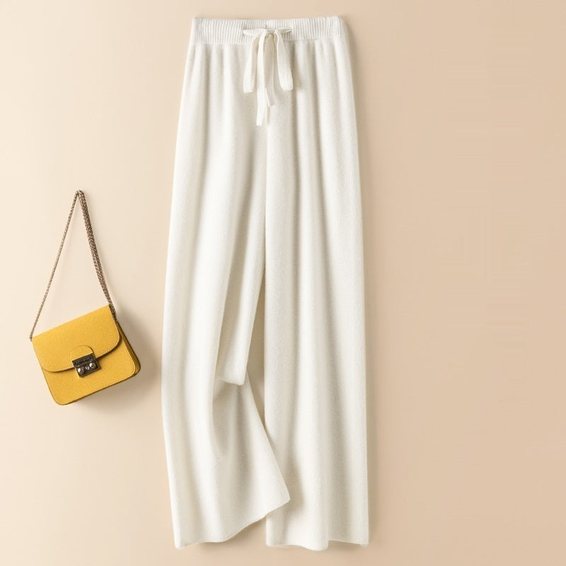 Thick Wool Wide Leg High Waist Drooping Mop Pants - White / S