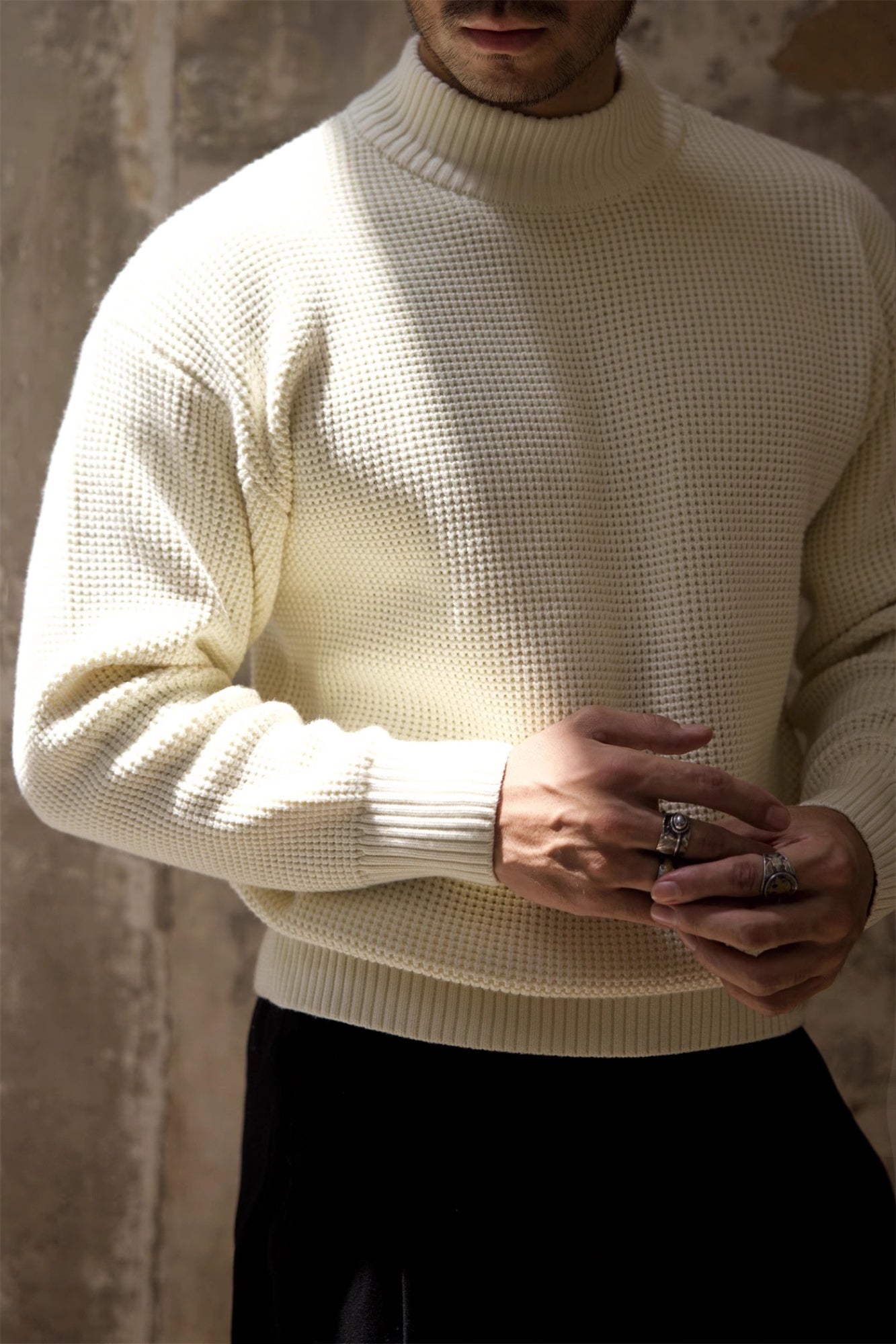 Thickened Half-high Collar Sweater Men’s Cotton Thick - beige / L
