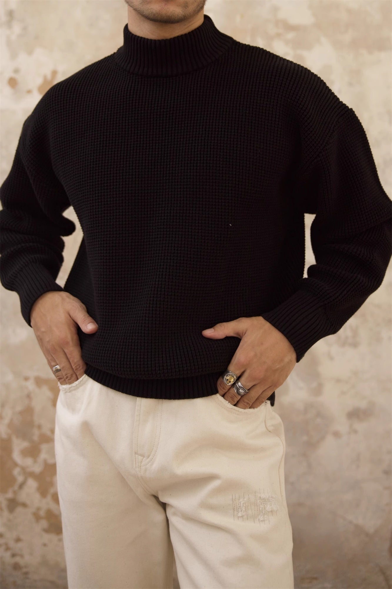 Thickened Half-high Collar Sweater Men’s Cotton Thick - Black / L
