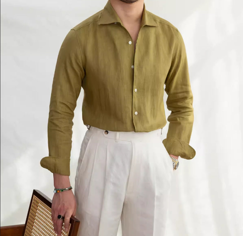 Long Sleeve For Men All-match White Shirt - Olive Green / 3XL