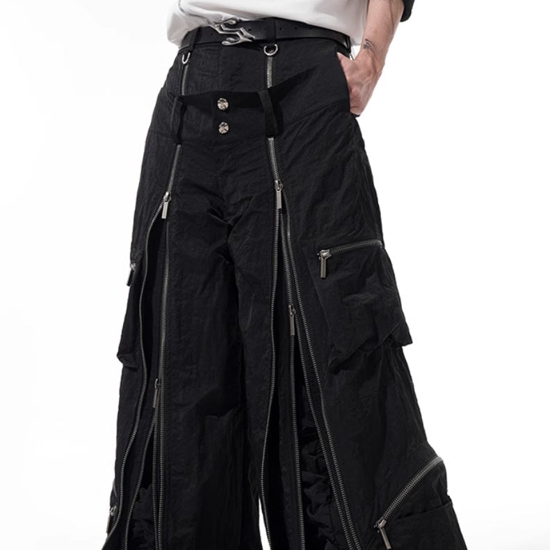 Three-fold Multi-zipper Design Casual Pants - black / S