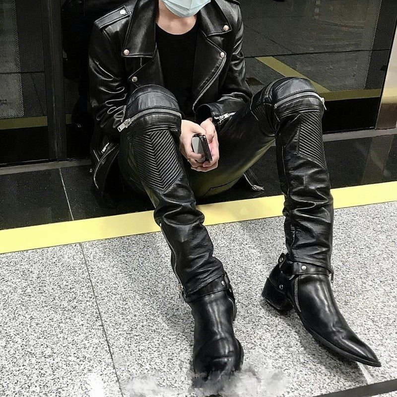 Tide Niche Casual Zipper Sheepskin Leather Slim Fit Pants Men Skinny Avant Garde Trousers - Black / S