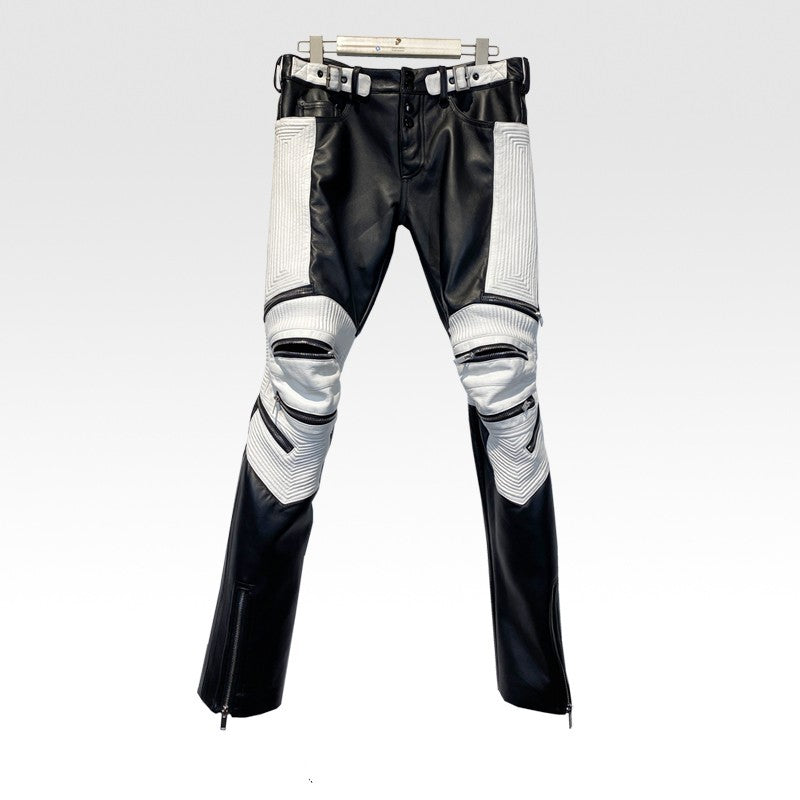 Tide Niche Casual Zipper Sheepskin Leather Slim Fit Pants Men Skinny Avant Garde Trousers - Black white / S