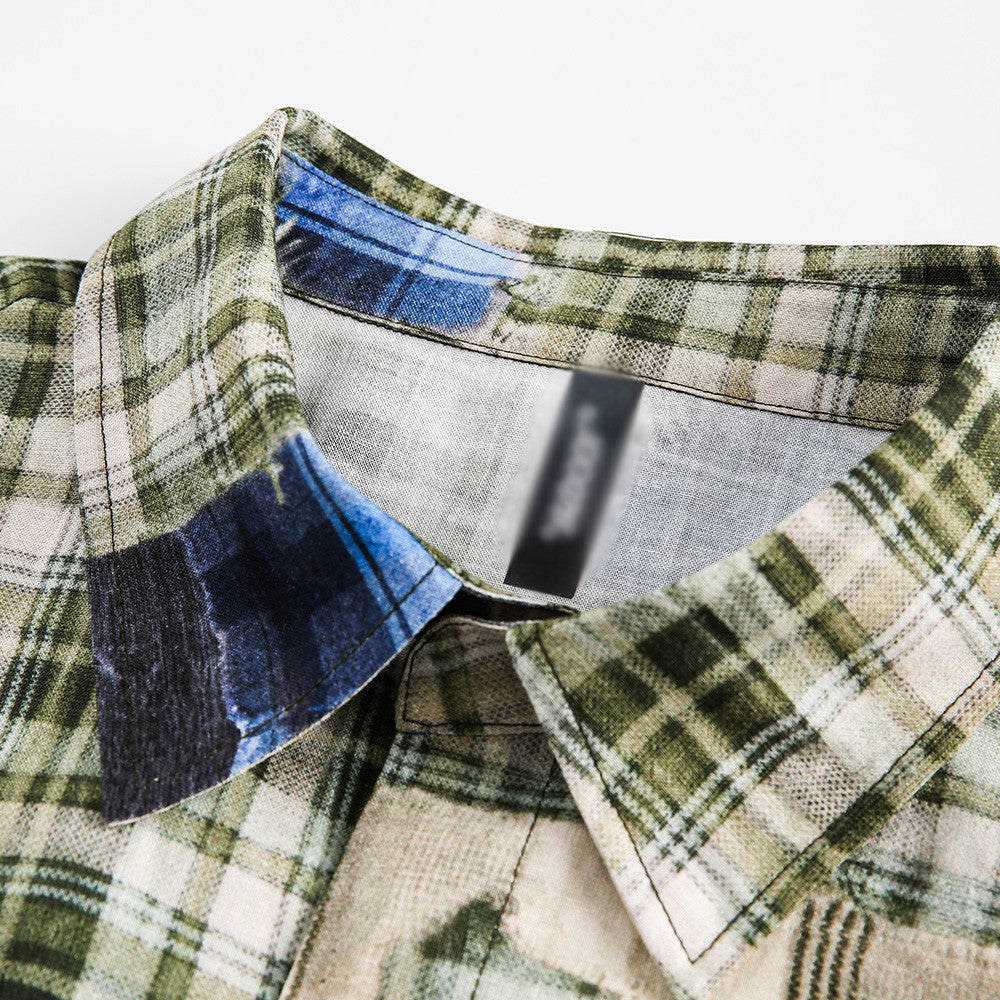 Men’s Irregular Stitching Printing Short Sleeve Plaid Shirt