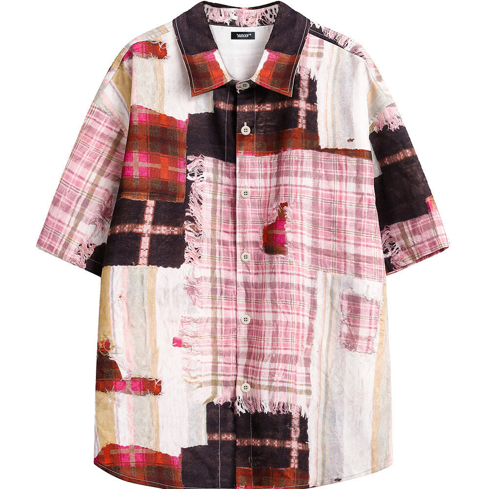 Men’s Irregular Stitching Printing Short Sleeve Plaid Shirt