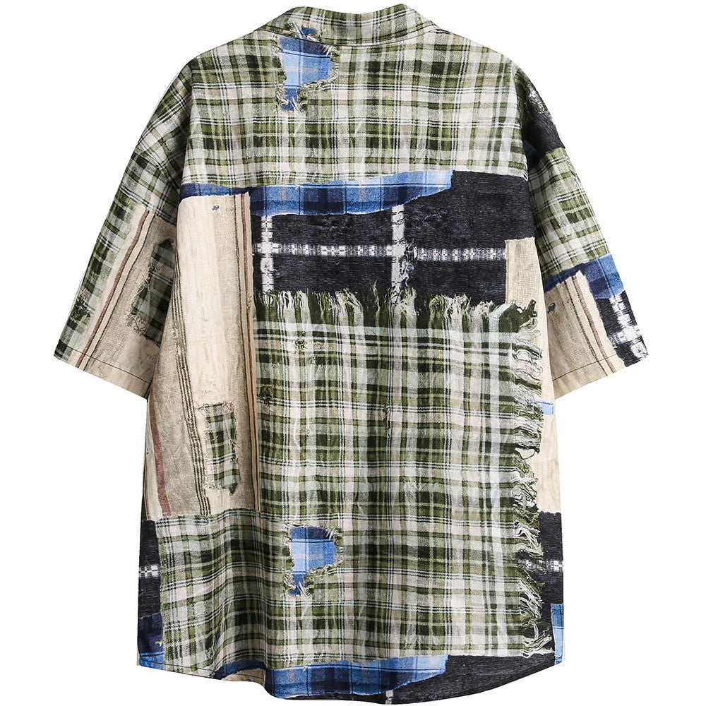Men’s Irregular Stitching Printing Short Sleeve Plaid Shirt