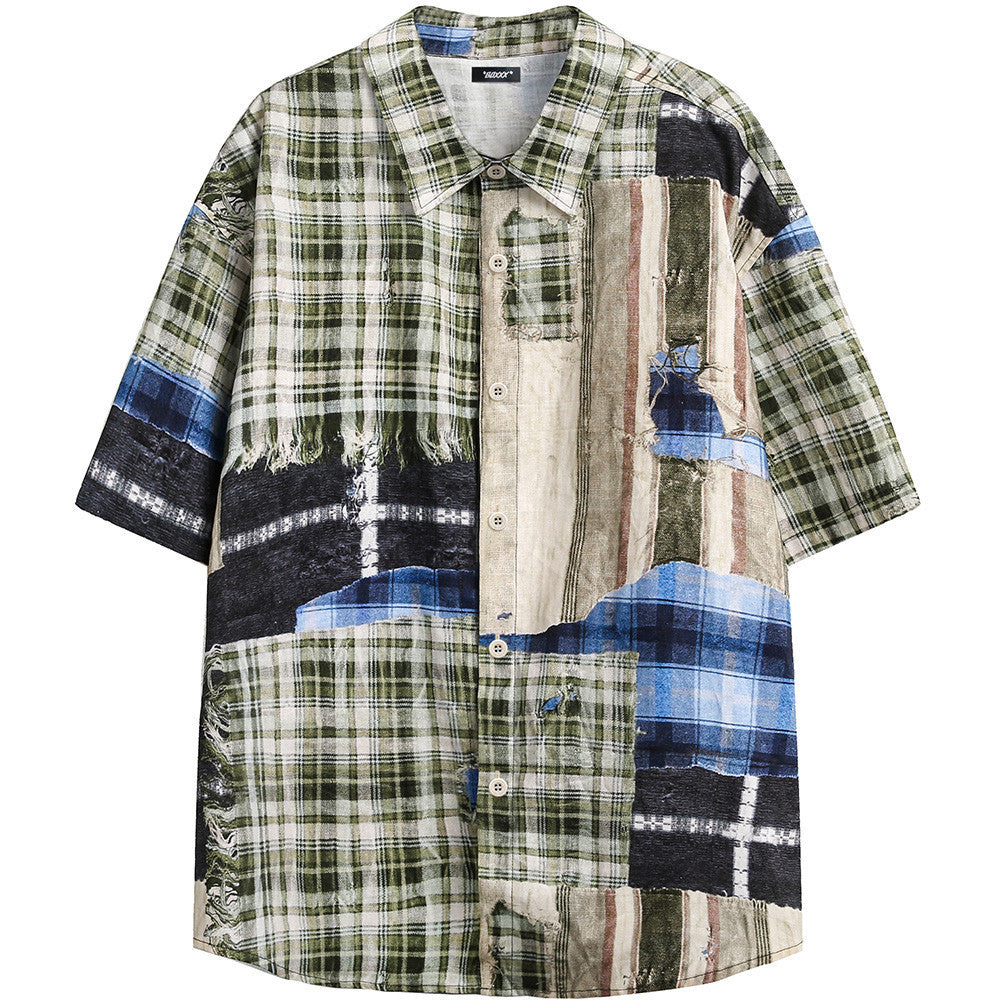 Men’s Irregular Stitching Printing Short Sleeve Plaid Shirt - Blue / M