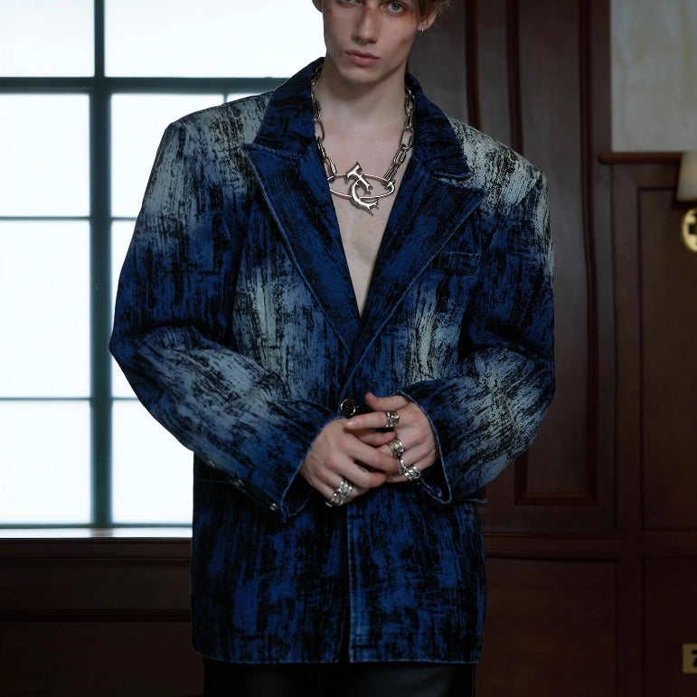 Tie-dyed Distressed Design Padded Shoulder Suit Jacket Loose