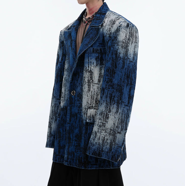 Tie-dyed Distressed Design Padded Shoulder Suit Jacket Loose