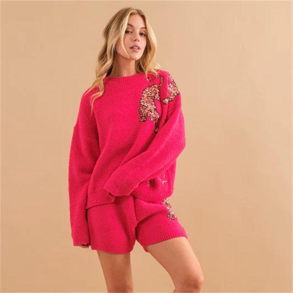 Fashion Suit Salt Tiger Embroidered Long-sleeved Round Neck Sweater Cropped Pants - Rose Red / S