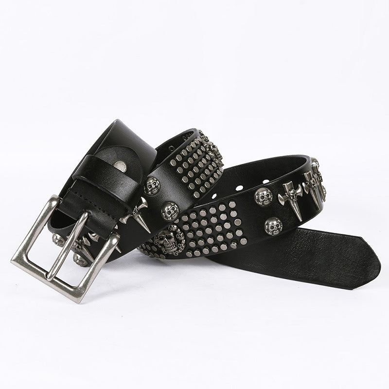 Punk Style Leather Men’s DJ Belt With Skull Head All-Match Belt - Black / 125cm