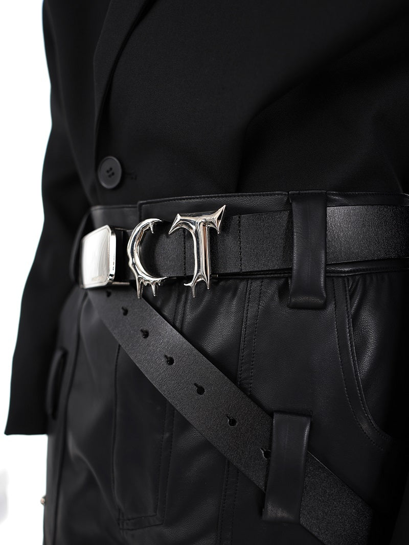 Pioneer Three-dimensional Metal Belt Irregular Stitching Design Trendy Belt Men And Women - Black