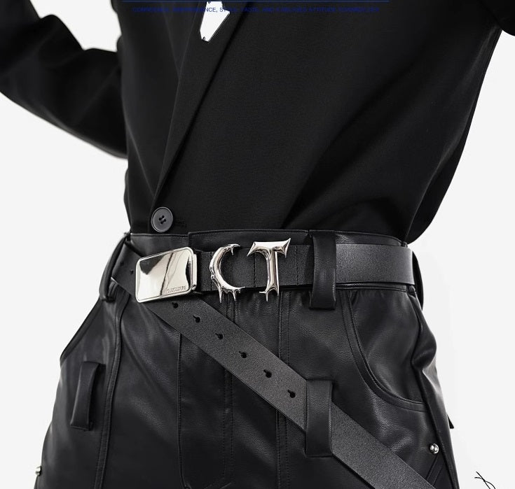 Pioneer Three-dimensional Metal Belt Irregular Stitching Design Trendy Belt Men And Women - Black