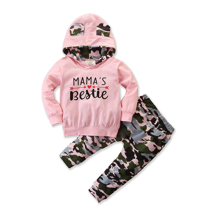 Girls Spring And Autumn Hooded Sweater Small Suit Ins Type Female Baby Camouflage 2 Piece Set - Pink / 70cm