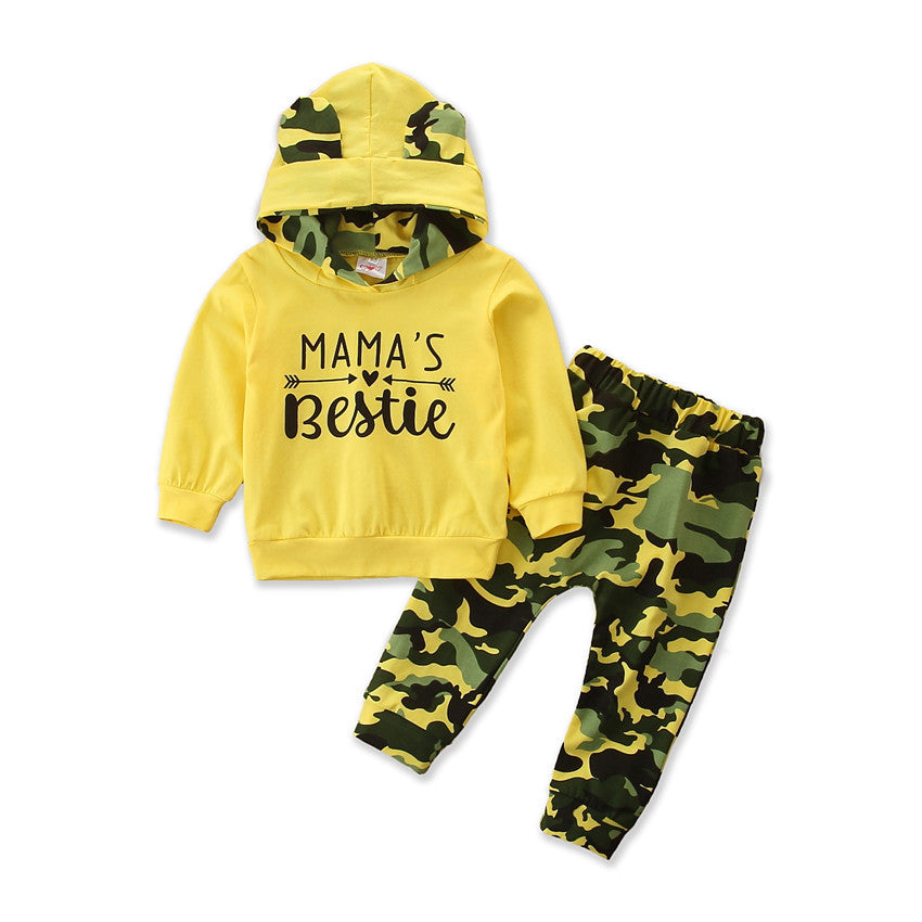 Girls Spring And Autumn Hooded Sweater Small Suit Ins Type Female Baby Camouflage 2 Piece Set - Yellow / 70cm