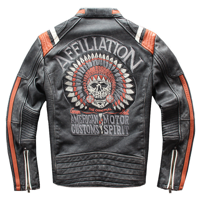 Top Layer Cowhide Distressed Stand Collar Slim Fit Embroidered Motorcycle Suit Leather Jacket Jacket