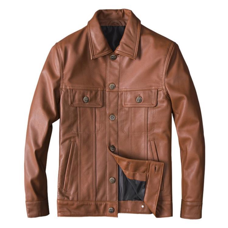 Top Layer Cowhide Leather Single-Breasted Men’s Lapel Jacket Leather Jacket