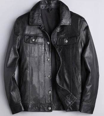 Top Layer Cowhide Leather Single-Breasted Men’s Lapel Jacket Leather Jacket