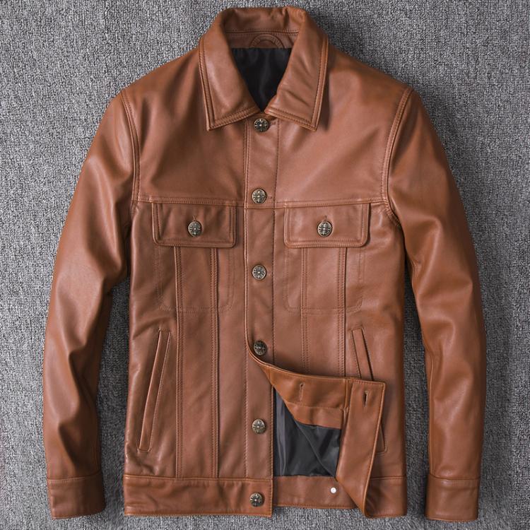 Top Layer Cowhide Leather Single-Breasted Men’s Lapel Jacket Leather Jacket