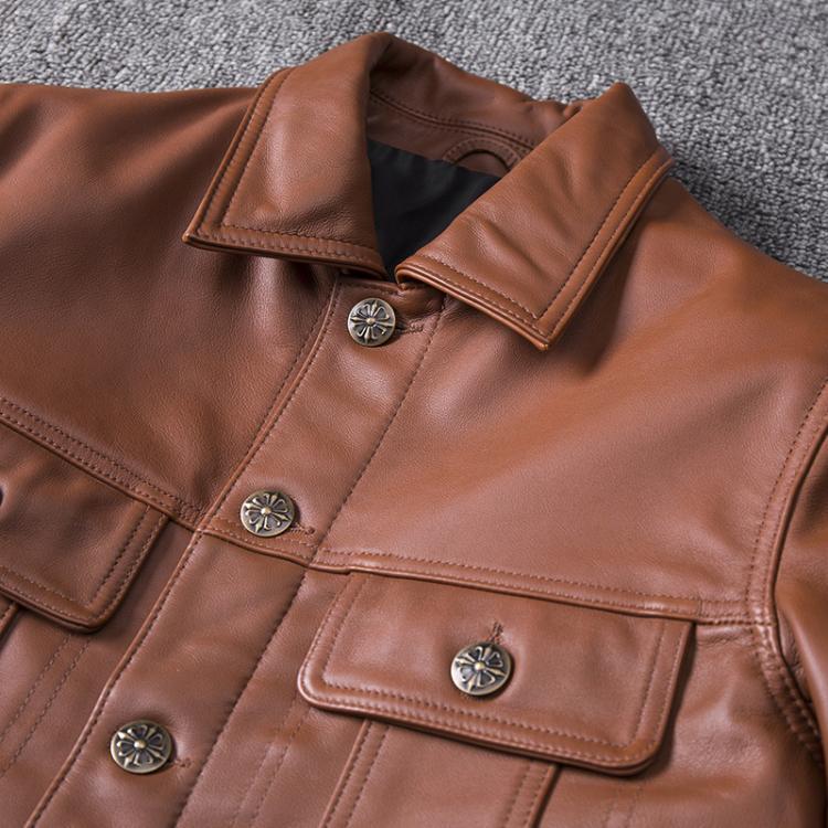 Top Layer Cowhide Leather Single-Breasted Men’s Lapel Jacket Leather Jacket