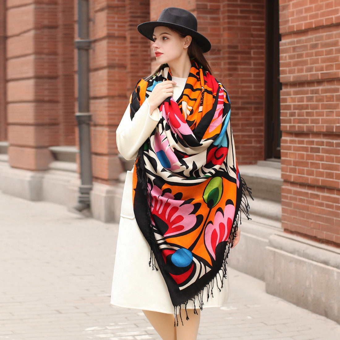 Travel Blue Wool Scarf Women’s Large Shawl Dual Use - Flower color