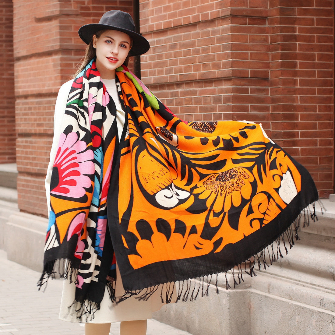 Travel Blue Wool Scarf Women’s Large Shawl Dual Use - Flower color