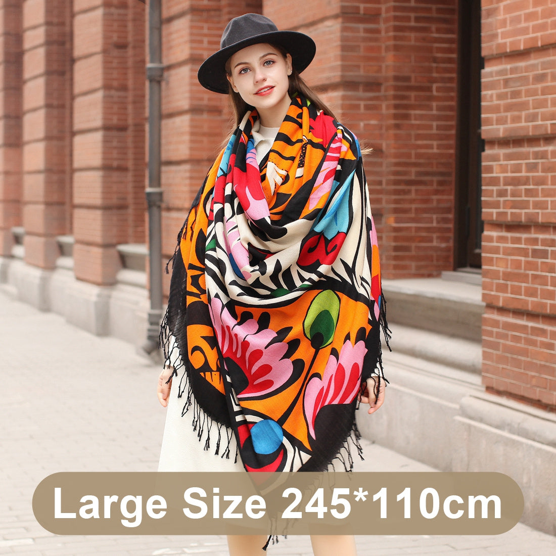 Travel Blue Wool Scarf Women’s Large Shawl Dual Use - Flower color
