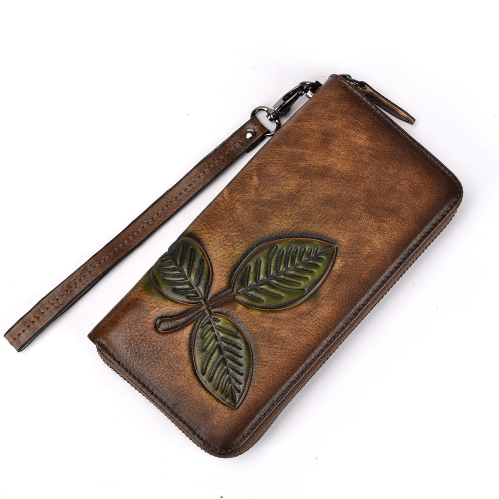 Tree Cream Leather European And American Long Retro Chain Wallet - Coffee