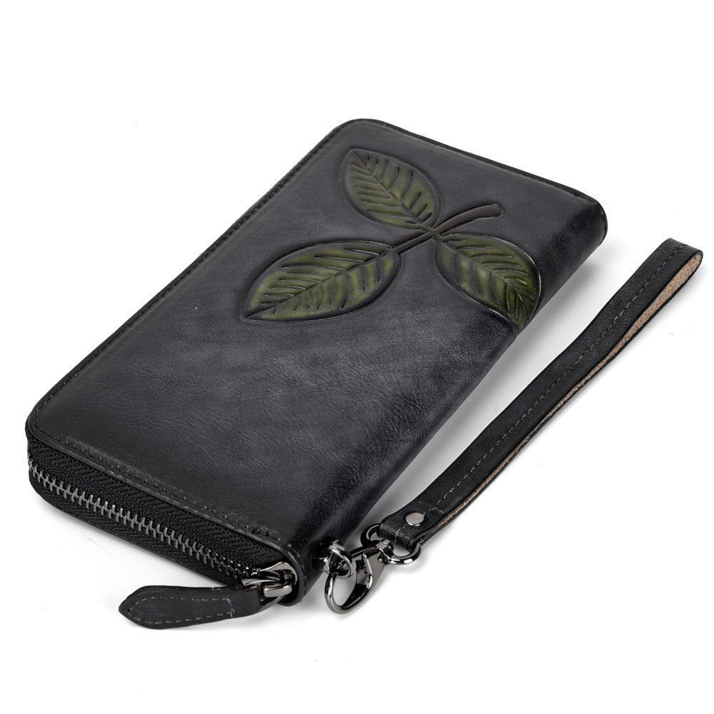 Tree Cream Leather European And American Long Retro Chain Wallet - Black
