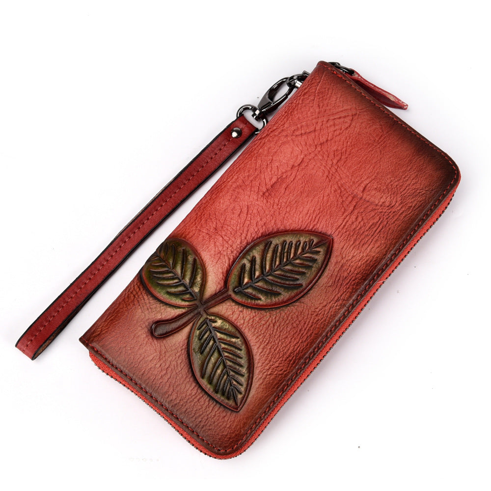 Tree Cream Leather European And American Long Retro Chain Wallet - Red