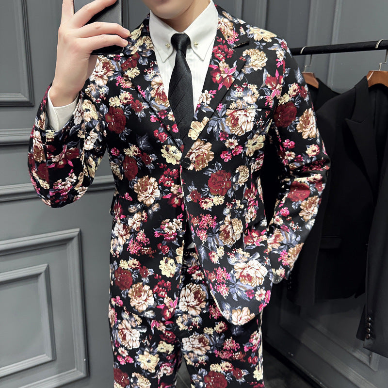 Elastic Active Print Trendy Flower Two-piece Suit - Black / M