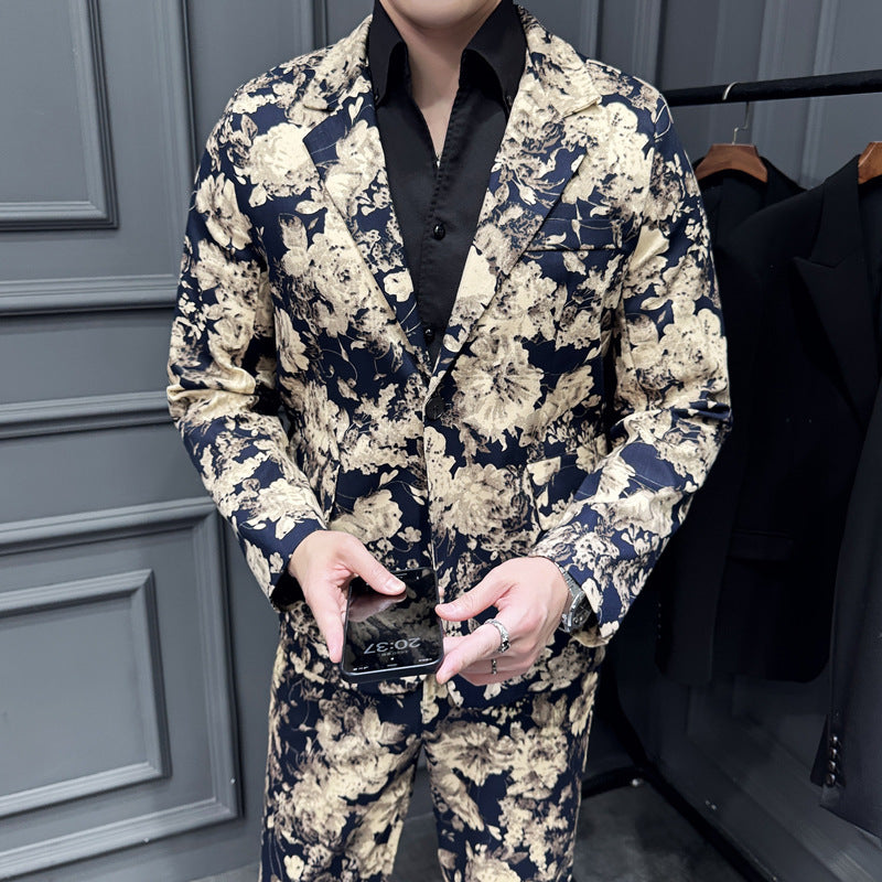 Elastic Active Print Trendy Flower Two-piece Suit - Navy Blue / M