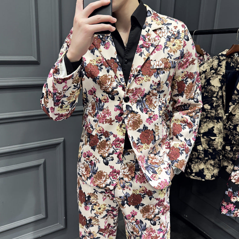 Elastic Active Print Trendy Flower Two-piece Suit - White / M