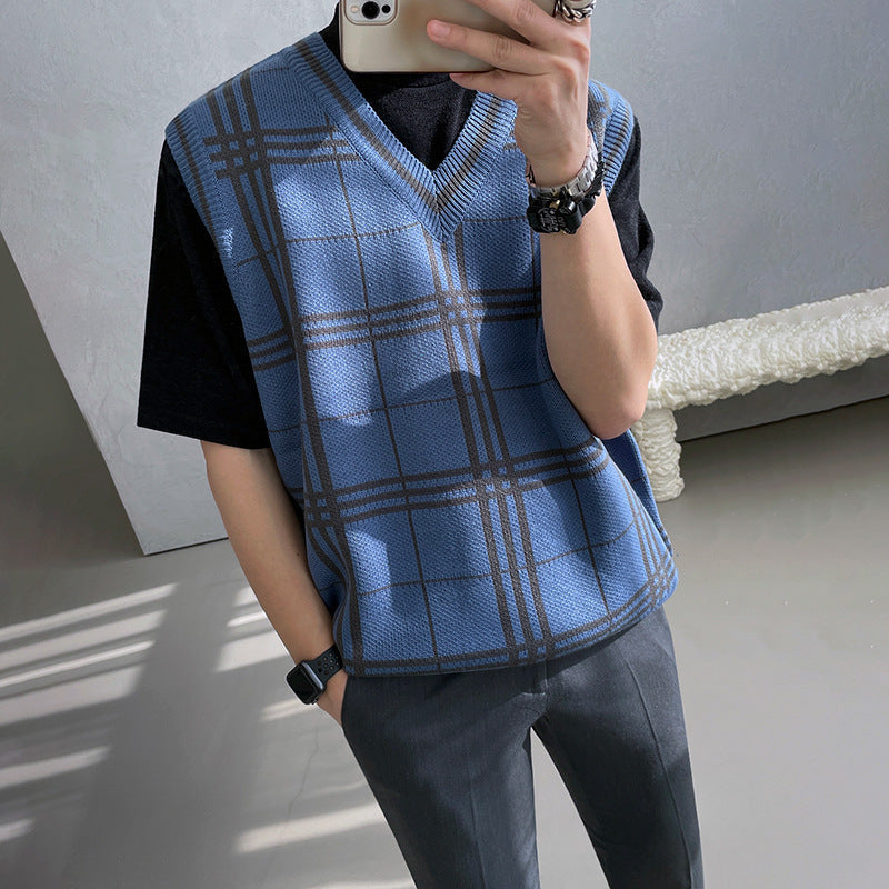 Knitted Men’s Trendy Plaid V-neck Sweater Vest