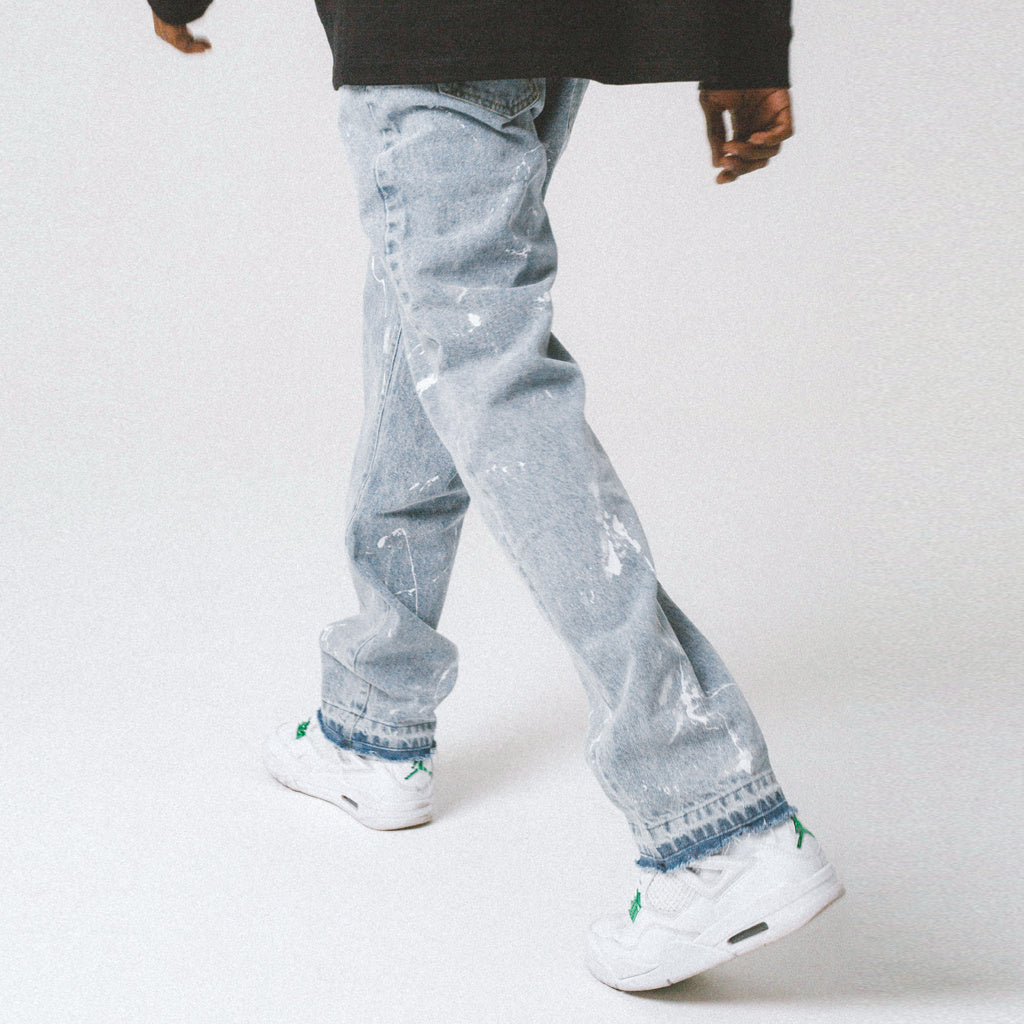 Trendy Street Distressed Rough Blue Straight-Leg Jeans With Broken Ink - S