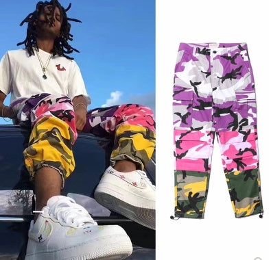 Tri Renk Camo Patchwork Kargo Pantolon Erkekler Baggy Taktik Pantolon Hip Hop Rahat Cep Pantolon Kamuflaj Streetwear