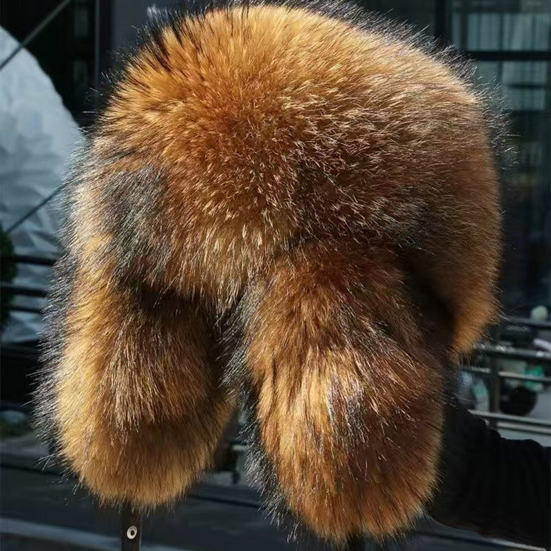 True Fox Fur Lei Feng Full With Hat - Yellow Raccoon Fur / Adjustable