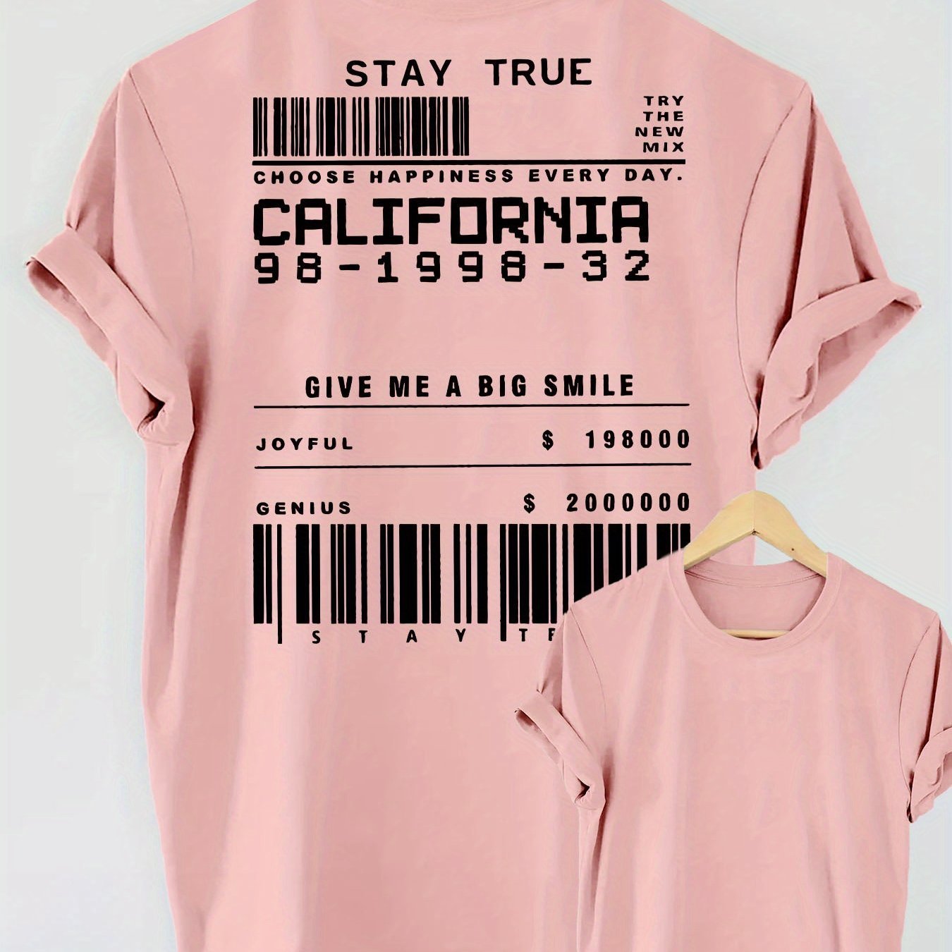 STAY TRUE Letter Print Short-sleeve Crew Neck - Pink / S