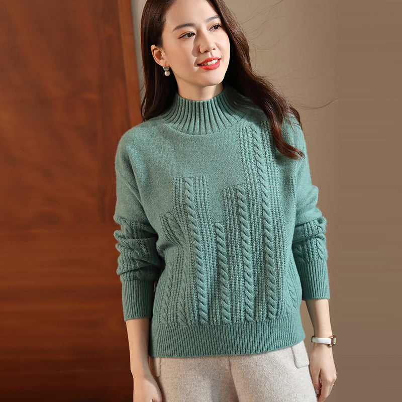Turtleneck wool sweater women - Bean Green / M