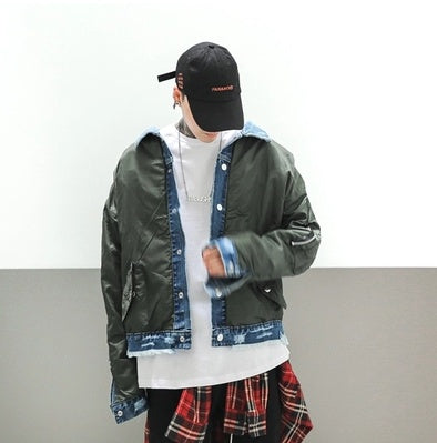 Two sides wearing OVERSIZE denim destruction wash old workmanship MA1 air force jacket Wu Yifan couple with the same