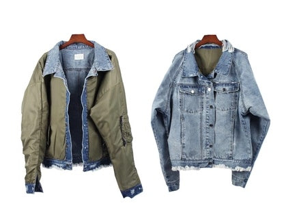 Two sides wearing OVERSIZE denim destruction wash old workmanship MA1 air force jacket Wu Yifan couple with the same