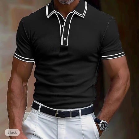 Men’s Casual Polo Shirt Lapel Placket Strip T-shirt - Black / S