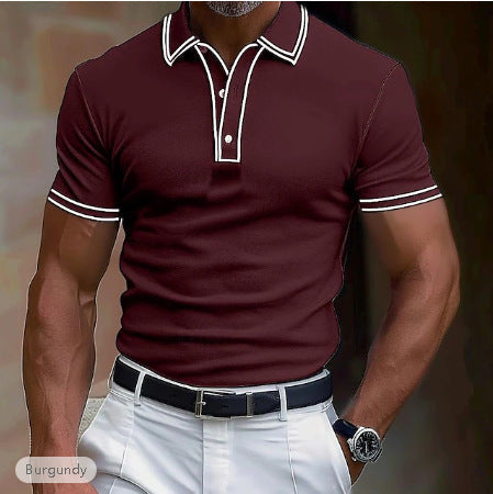 Men’s Casual Polo Shirt Lapel Placket Strip T-shirt - Dark Red / S