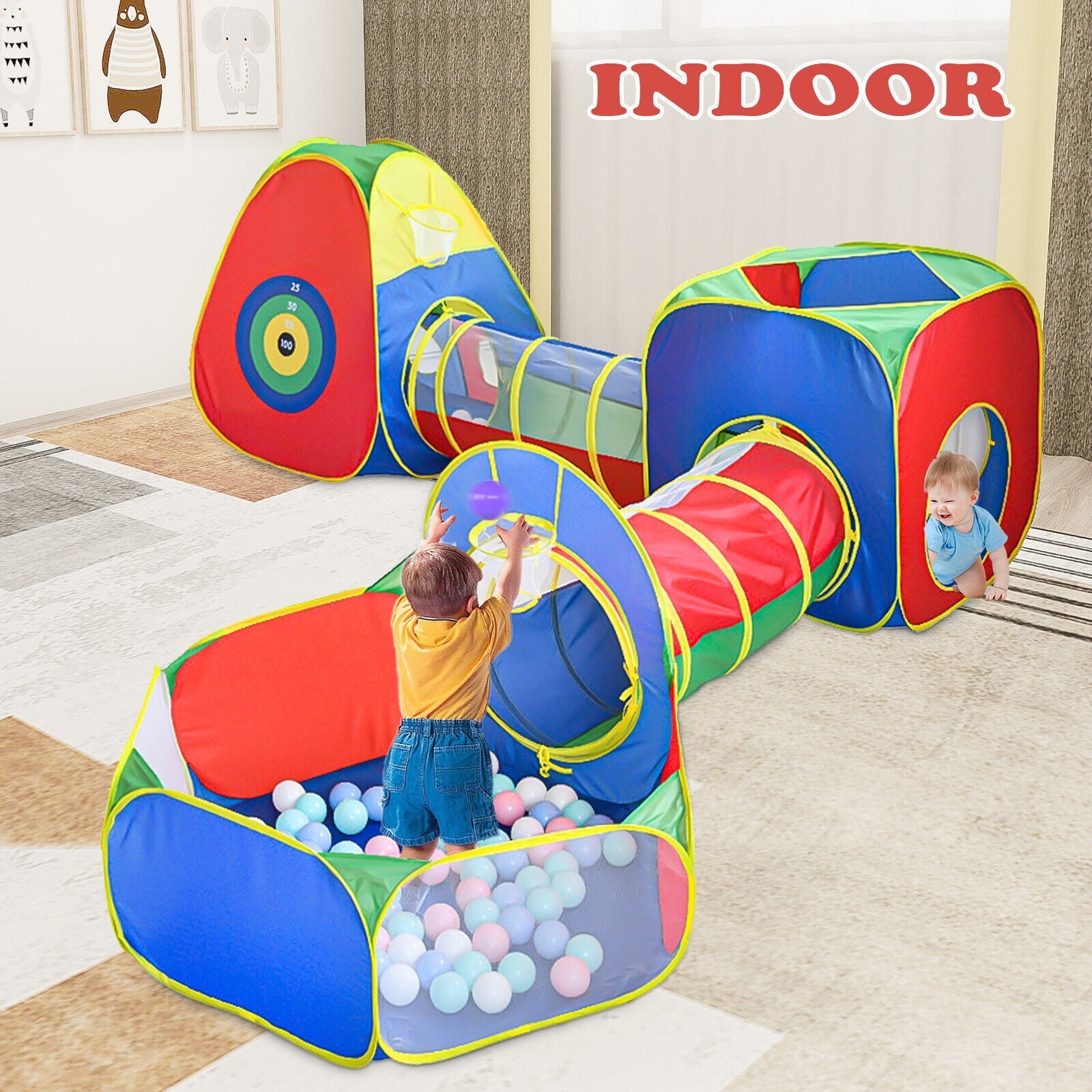 5 In1 Kids Play Tents Up Tunnel Baby Toddler Crawl Pit Playhouse Portable - As shown - 5