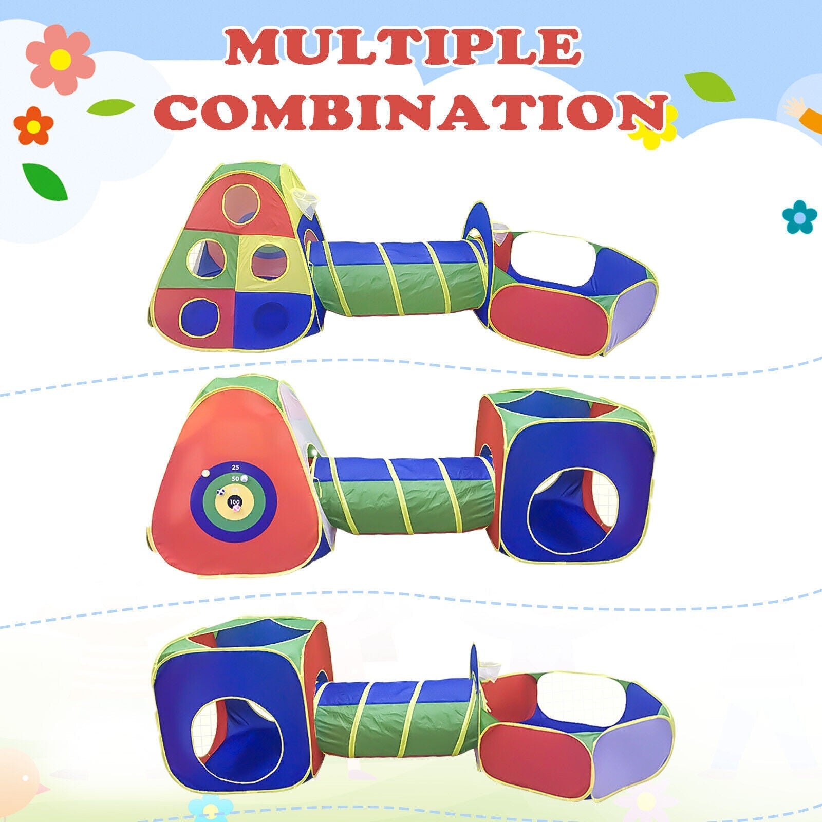 5 In1 Kids Play Tents Up Tunnel Baby Toddler Crawl Pit Playhouse Portable - As shown - 5