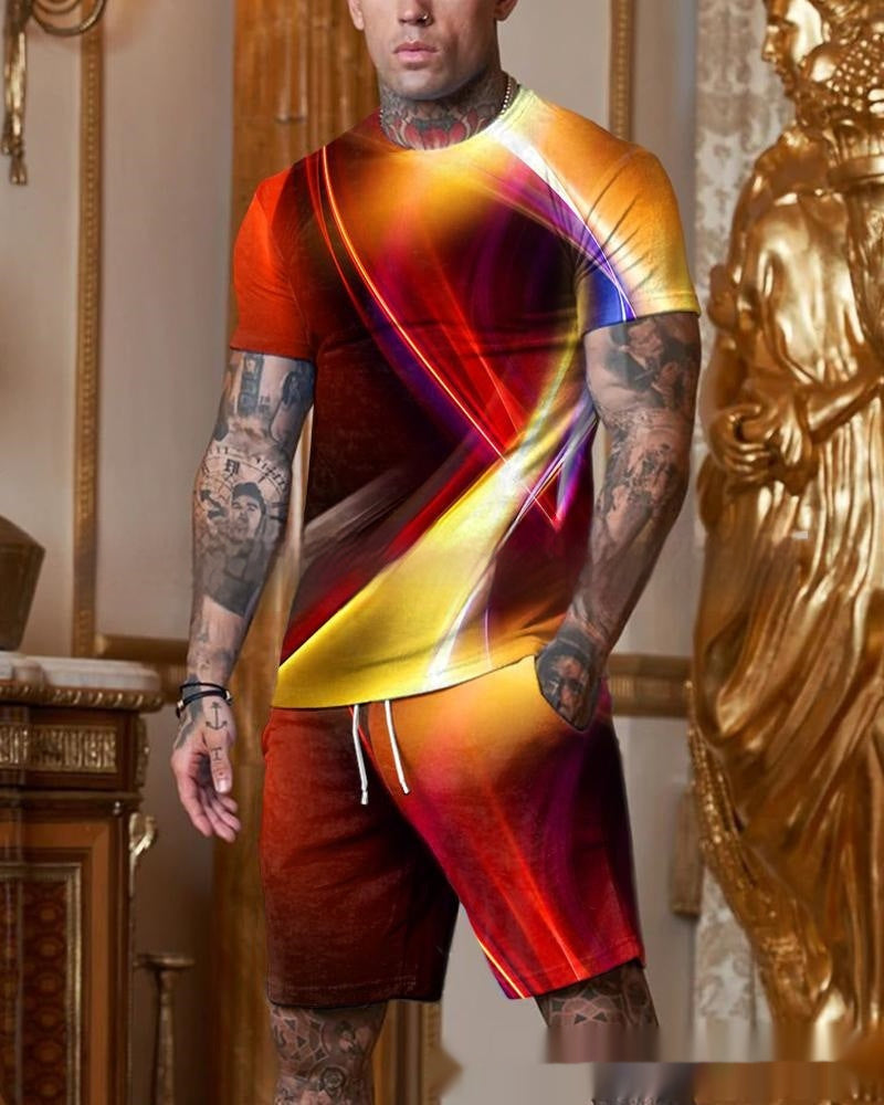 Men’s Casual Short Sleeve Round Neck Gradient Colorful Suit