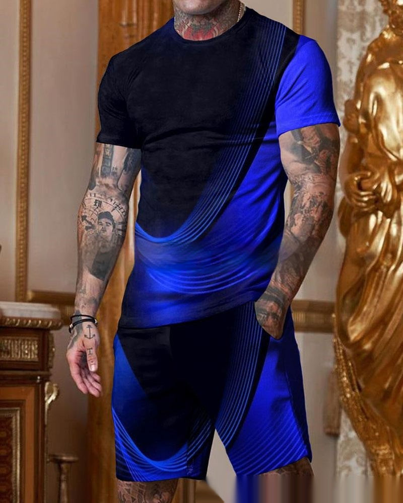 Men’s Casual Short Sleeve Round Neck Gradient Colorful Suit