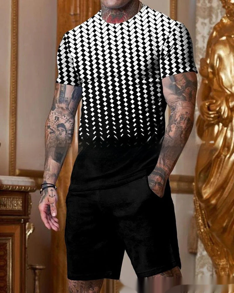 Men’s Casual Short Sleeve Round Neck Gradient Colorful Suit