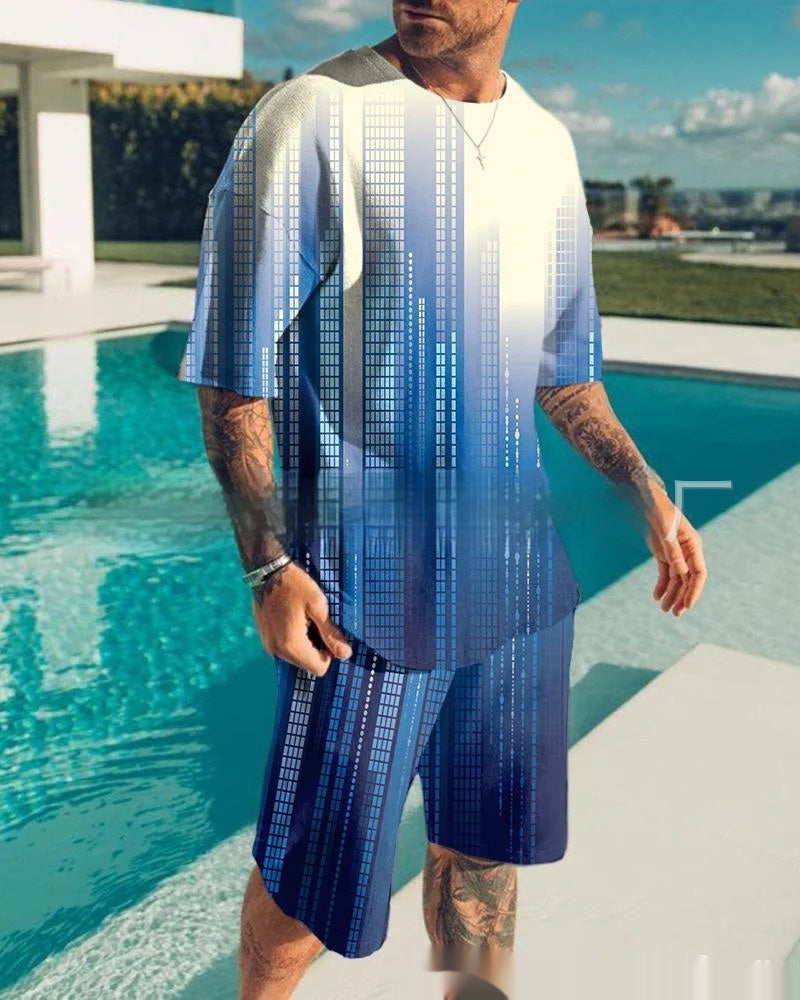 Men’s Casual Short Sleeve Round Neck Gradient Colorful Suit